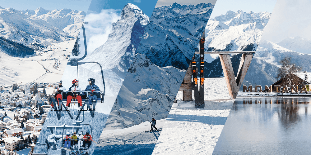 A collage of different pictures from the best ski resorts in Switzerland including Verbier, Zermatt, and Crans Montana.